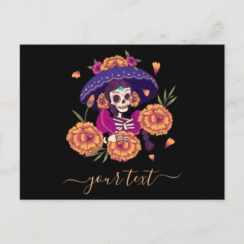 Pretty Floral Skull Skeleton Elegant Name Festive Holiday Postcard
