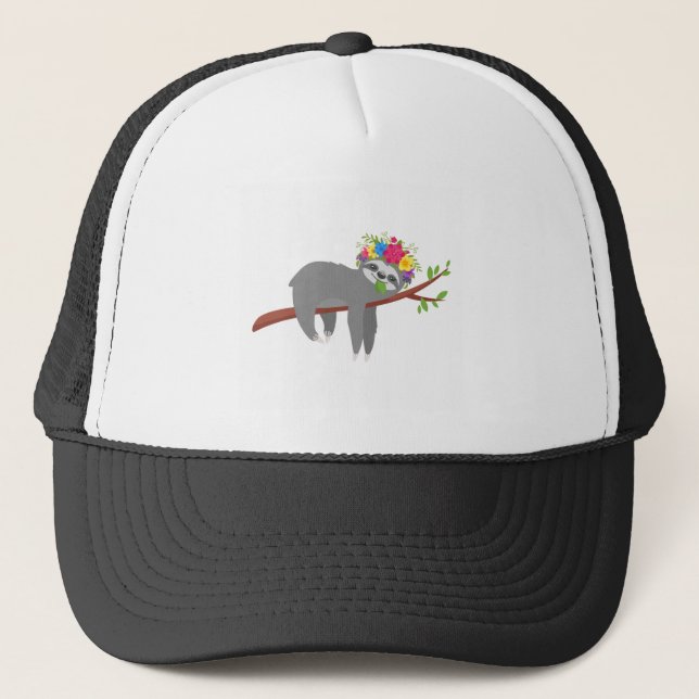 Pretty Floral Sloth Trucker Hat (Front)