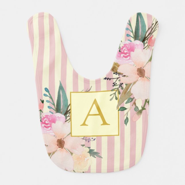 Pretty Floral striped monogrammed Baby Bib (Front)