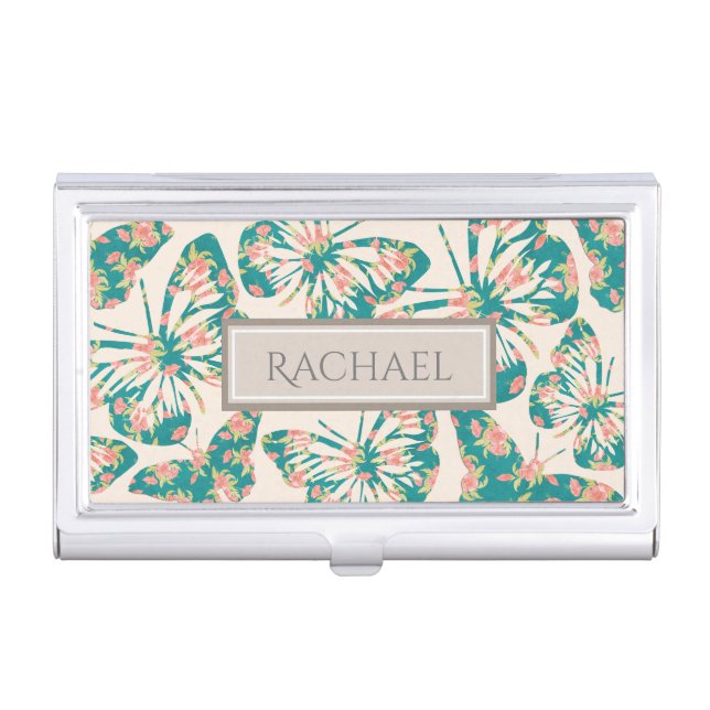 Pretty Floral Teal Butterfly Pattern Personalised Business Card Case (Front)