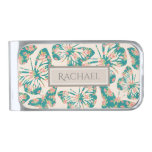 Pretty Floral Teal Butterfly Pattern Personalised Silver Finish Money Clip