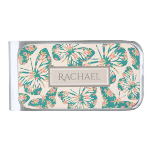 Pretty Floral Teal Butterfly Pattern Personalised Silver Finish Money Clip