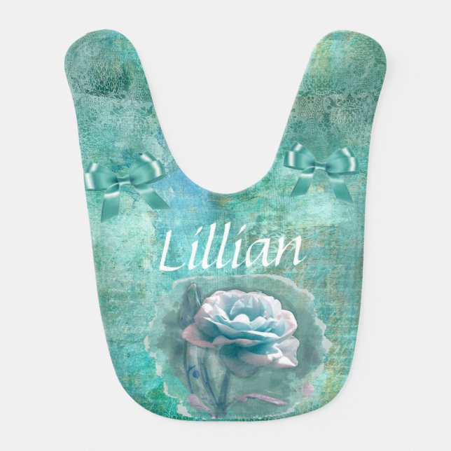 Pretty Floral Teal Personalized Baby Bib (Front)