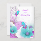 Pretty Floral Teal Pink Butterfly Birthday Party Invitation (Front)