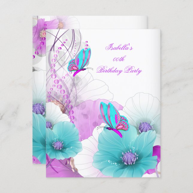 Pretty Floral Teal Pink Butterfly Birthday Party Invitation (Front/Back)