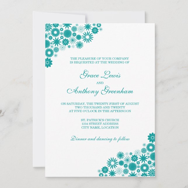 Pretty Floral Teal Wedding Invitation (Front)