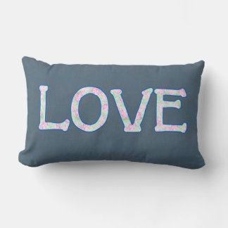 Pretty Floral Text Love on Denim Blue Background Lumbar Pillow