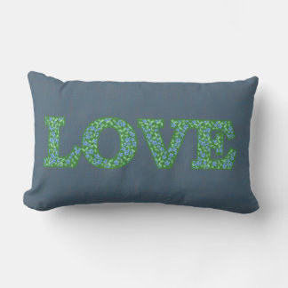 Pretty Floral Text Love on Denim Blue Background Lumbar Pillow