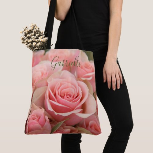 Pretty floral tote pink roses personalize w name tote bag