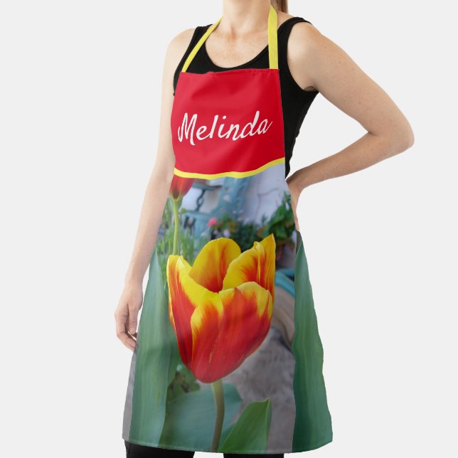Pretty Floral Tulip Red Yellow Womans Apron (Insitu)