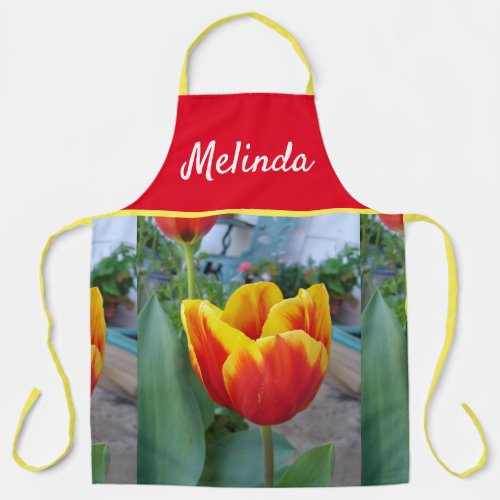 Pretty Floral Tulip Red Yellow Womans Apron