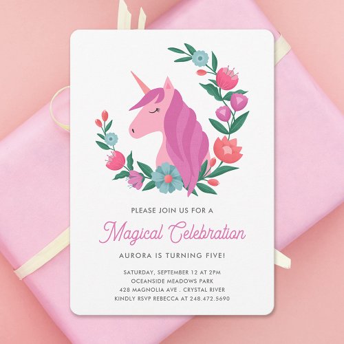 Pretty Floral Unicorn Girls Birthday Invitation