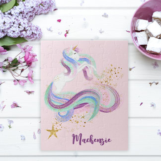 Pretty Floral Unicorn Personalized Kids Jigsaw Puzzle
