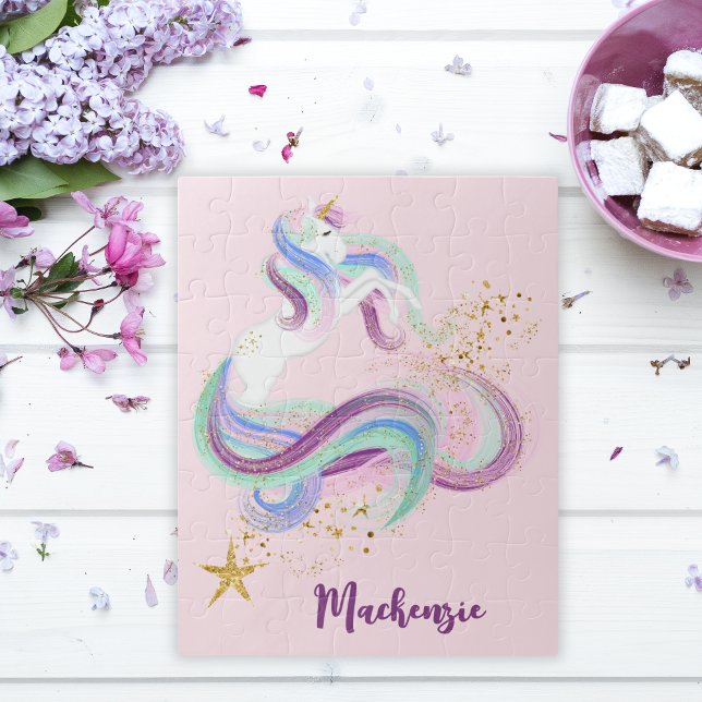 Pretty Floral Unicorn Personalized Kids Jigsaw Puzzle (Pretty Floral Unicorn Personalized Kids Jigsaw Puzzle)