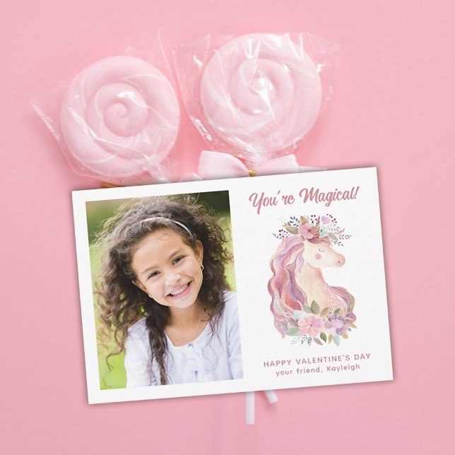 Pretty Floral Unicorn Photo Classroom Valentine Note Card (Creator Uploaded)
