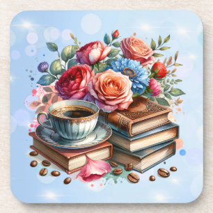 Pretty Floral Vintage Books and Coffee Christmas Beverage Coaster