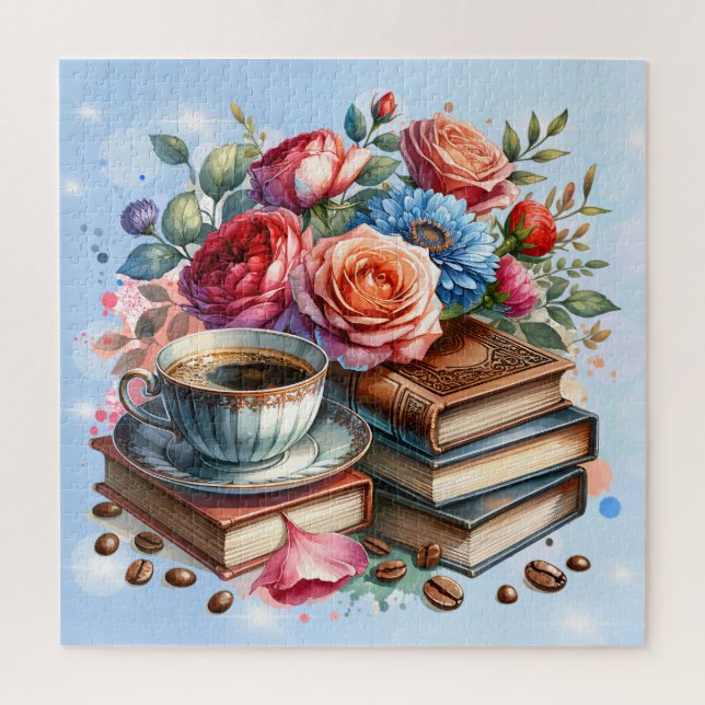 Pretty Floral Vintage Books and Coffee  Christmas Jigsaw Puzzle (Vertical)