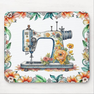 Pretty Floral Vintage Sewing Machine and Flowers Mouse Pad