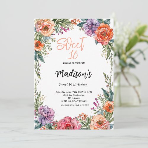 Pretty  floral watercolor arch Sweet 16  Invitation