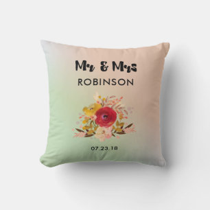 Pretty Floral Watercolor Bouquet Wedding Mr & Mrs Throw Pillow