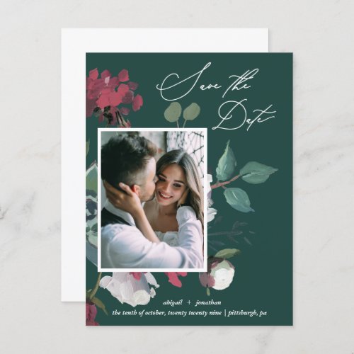 Pretty Floral Watercolor Dark Green Save the Date Invitation Postcard