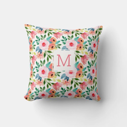 Pretty Floral Watercolor Flowers Monogram Throw Pillow