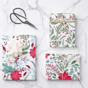 Pretty floral watercolor glitter red poinsettia wrapping paper sheets