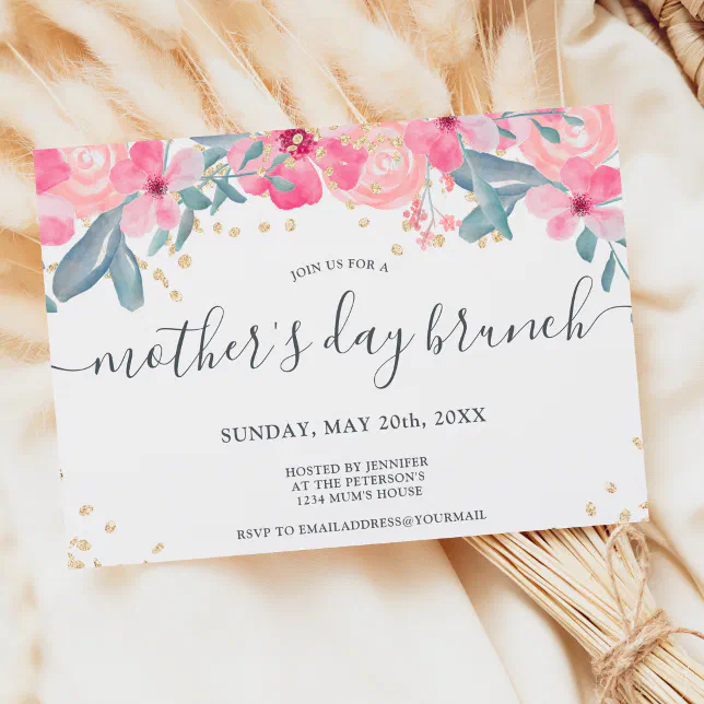 Pretty floral watercolor gold Mother's day brunch Invitation | Zazzle