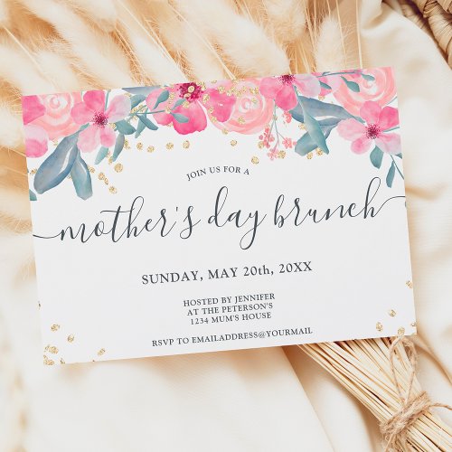 Pretty floral watercolor gold Mothers day brunch Invitation