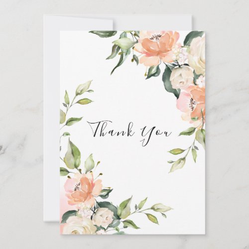 Pretty Floral Watercolor Peach Wedding Thank You Card