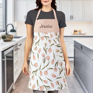 Pretty Floral Watercolor White Peach Custom Name Apron