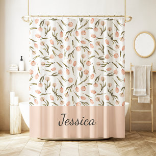 Pretty Floral Watercolor White Peach Name Monogram Shower Curtain