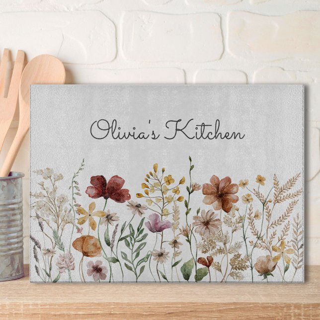 Pretty Floral Watercolor Wildflower Garden Cutting Board (In situ)
