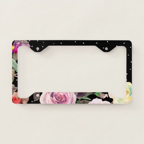 Pretty Floral Watercolor with Dots on Black License Plate Frame