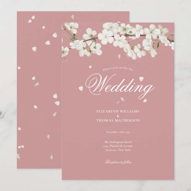 Pretty Floral Wedding White Blossom Dusty Rose Invitation (Front/Back)