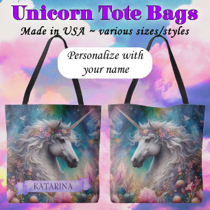 Pretty Floral Whimsical Unicorn Custom Name Tote Bag