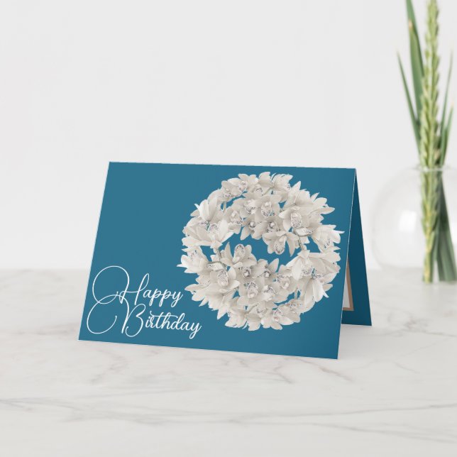 Pretty Floral White Orchid Flower Garland Birthday Card (Front)