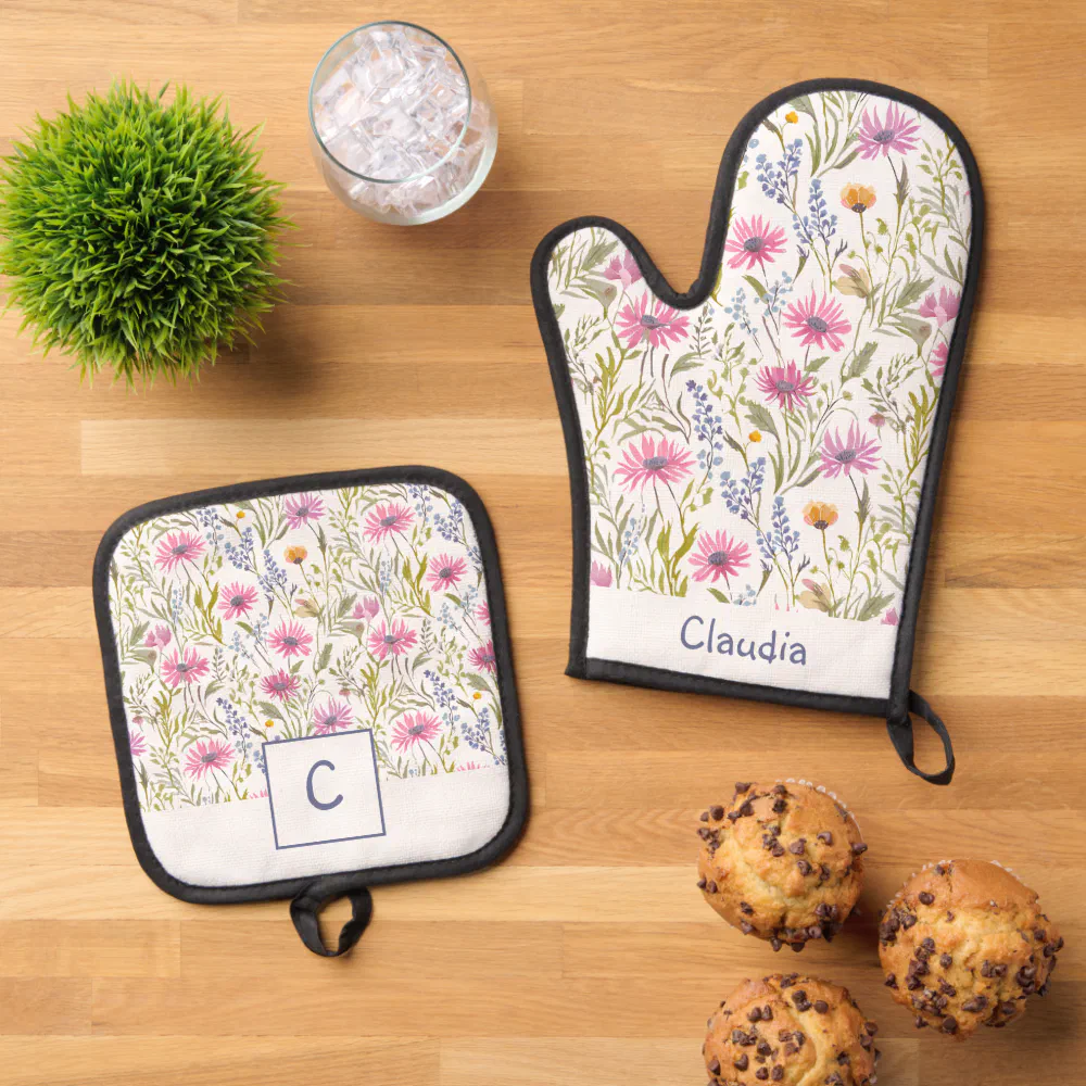 Pretty Floral Wildflowers Monogram Name Patterned Oven Mitt & Pot Holder Set