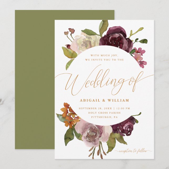 Pretty Floral with Calligraphy Green Wedding Invitation (Front/Back)