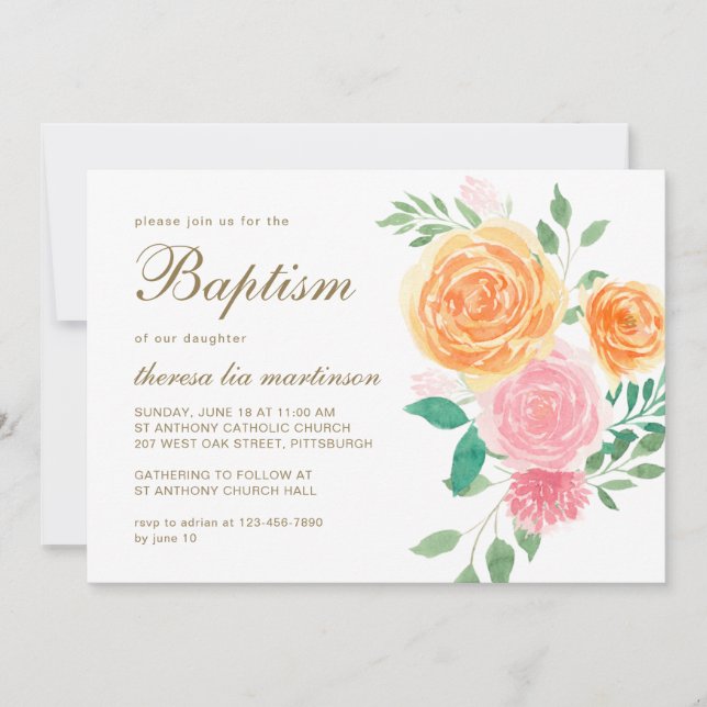 Pretty Floral with Cross Baptism Invitation (Front)