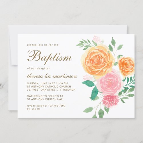 Pretty Floral with Cross Baptism Invitation