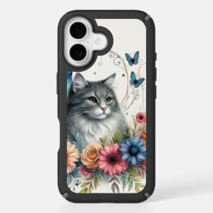 Pretty Floral with Gray Cat  iPhone 16 Case