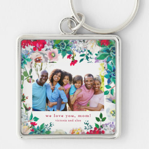 Pretty Floral with Photo Keychain Gift for Mom