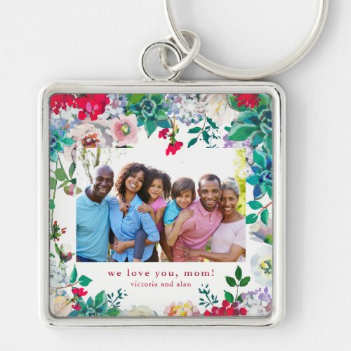 Pretty Floral with Photo Keychain Gift for Mom