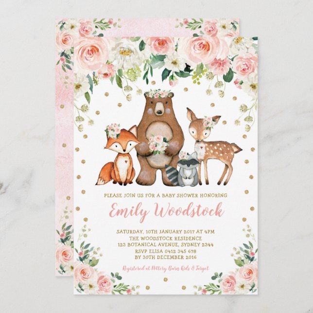 Pretty Floral Woodland Animals Baby Girl Shower Invitation (Front/Back)