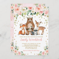 Pretty Floral Woodland Animals Baby Girl Shower Invitation