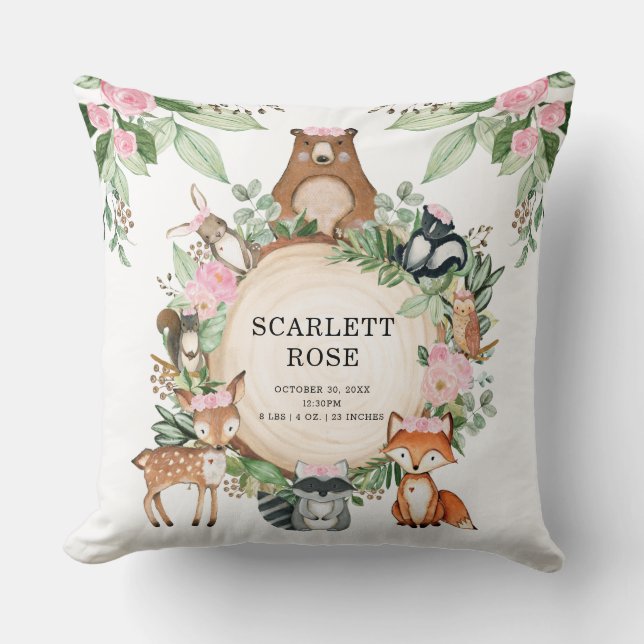 Pretty Floral Woodland Animals Girl Nursery Decor Throw Pillow (Front)