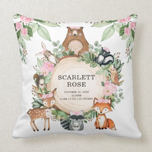 Pretty Floral Woodland Animals Girl Nursery Decor Throw Pillow
