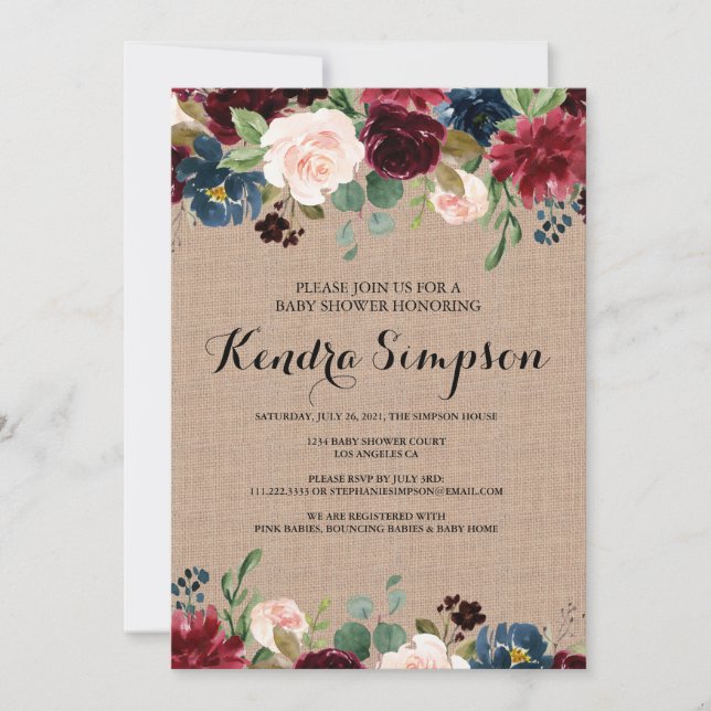 Pretty Floral Wreath Burlap Baby Shower Invitation (Front)