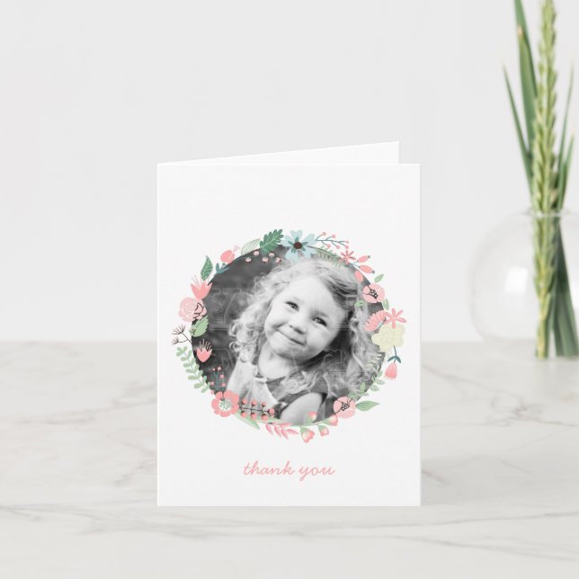 Pretty Floral Wreath Custom Photo Thank You Notes (Front)
